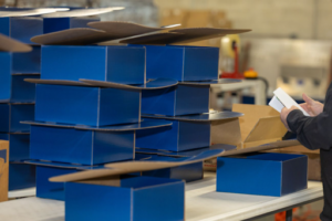 A stacked series of blue boxes
